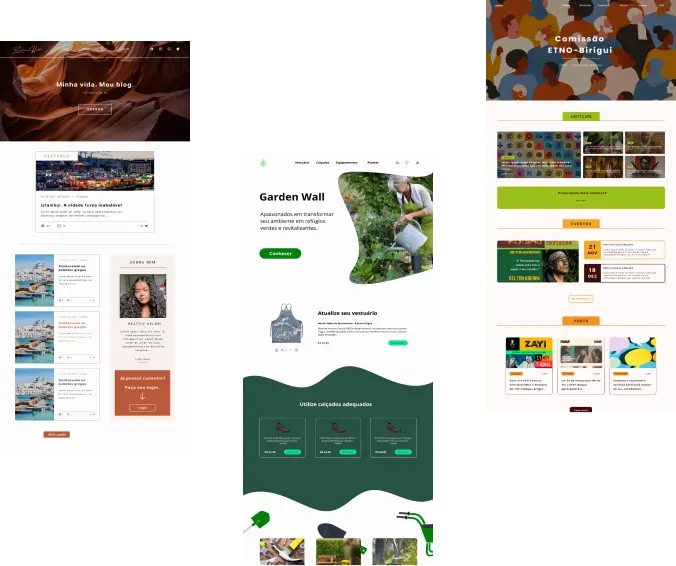 Imagem contendo três projetos realizados por Eduardo. Primeiro: Blog pessoal com temática de montanhas e cores quentes. Segundo: Landing page para uma loja de jardinagem com temática de arvores e cores frias. Terceiro: Site para a equipe ETNO do Instituto Federal de São Paulo câmpus Birigui, com a temática abordando temas raciais e etnicos, cores vibrantes